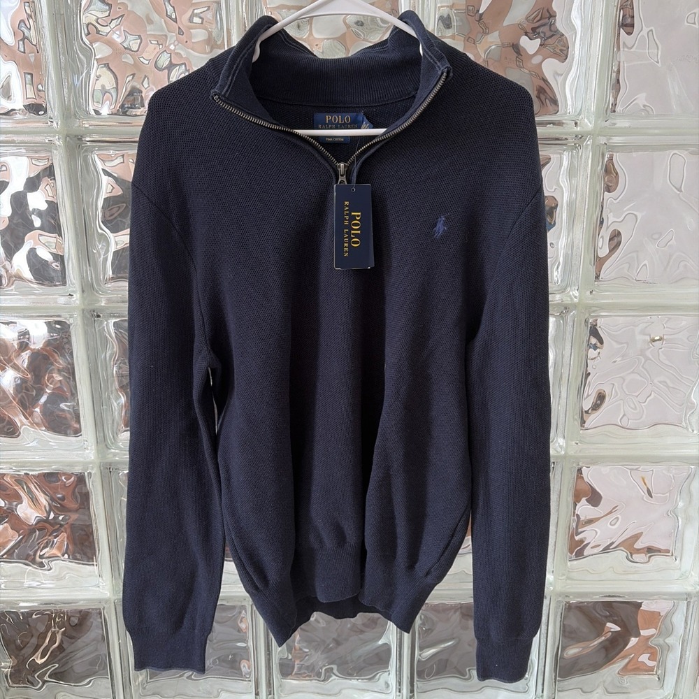 Polo Ralph Lauren Mock Neck 1/4 Zip Cotton Pullover Sweatshirt Blue Navy NWT